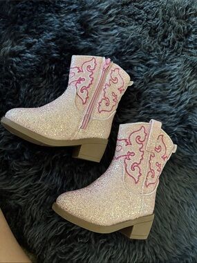 First steps Girls' Pink Glitter Western Boots with Embroidered Accents